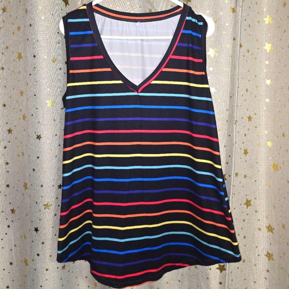 Rainbow Striped Black V-Neck Sleeveless Top